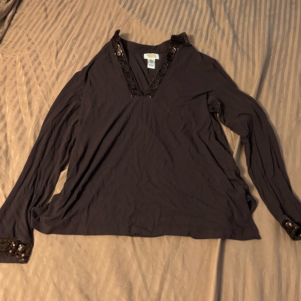Talbots Brown Long Sleeve Top with Beaded Accents XL